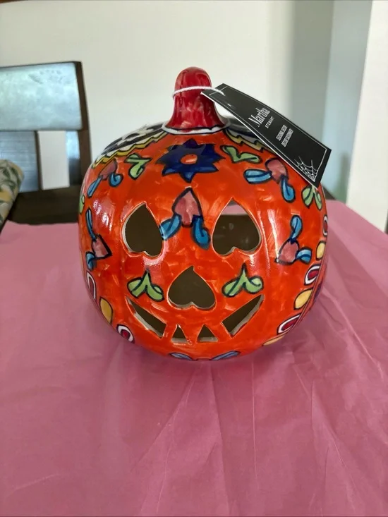 Martha Stewart Pumpkin Candle Holder Folk Talavera Style Jack O Lantern 9”t X 8”