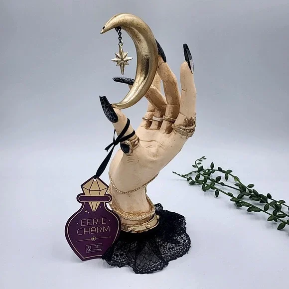 Gothic Celestial Witch Hand Crescent Moon Statue Skull Snake Halloween Decor 11