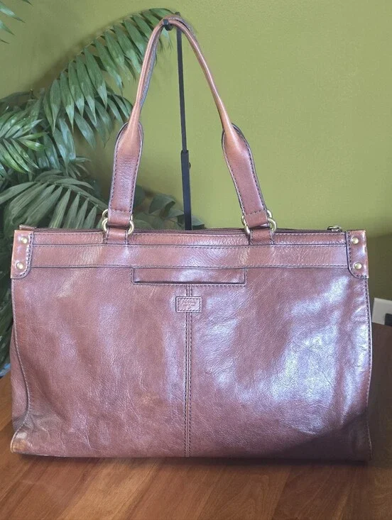 FOSSIL XL Leather Laptop Computer Satchel Tote Unisex Weekender Travel