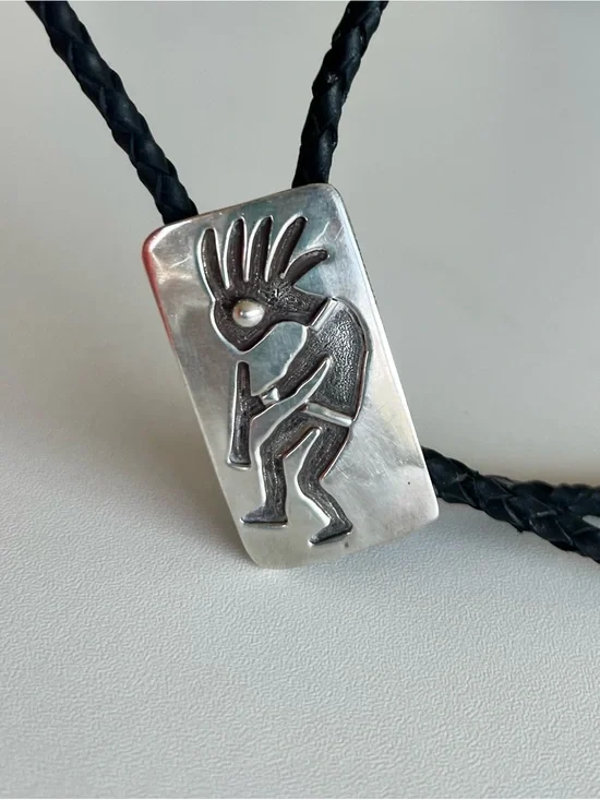 Navajo Sterling Silver Kokapeli Black Leather Bolo Tie