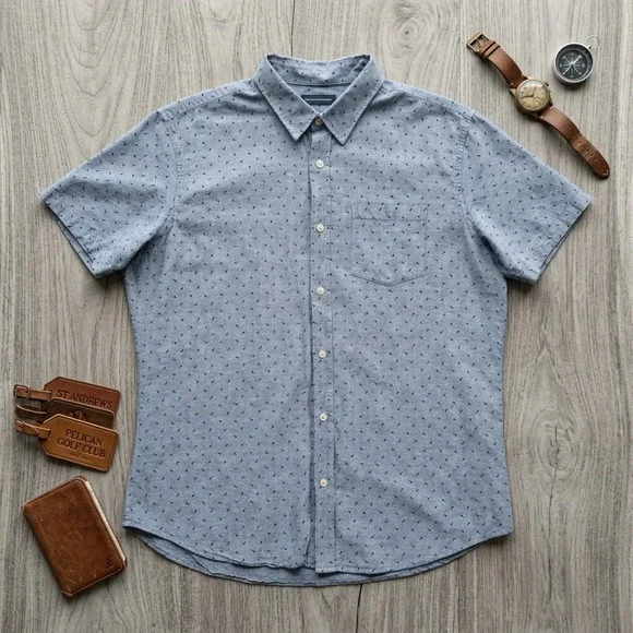 Banana Republic Mens XL Linen Blend Short Sleeve Button Up Shirt Blue Geometric