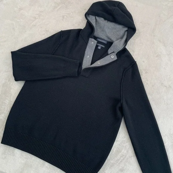 Banana Republic Hooded Henley Sweater Men Large Black Italian Wool Casual NWOT‎