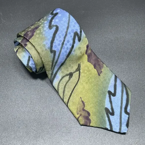 Vtg Marienbad Abstract Necktie Olive Blue Hand Paint Designer Tie 3.75