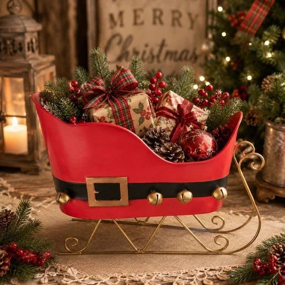 Vintage Santa Sleigh Christmas Centerpiece Red Gold Jingle Bell Holiday Decor