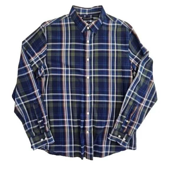 Banana Republic Untucked Slim Fit Shirt Men's L Large Navy Blue Plaid EUC‎ LN