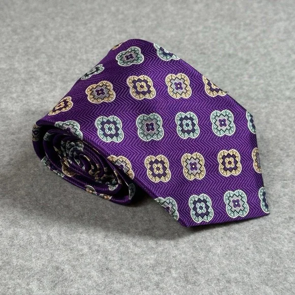 Paul Fredrick Silk Tie Purple Geometric Medallion Classic Mens