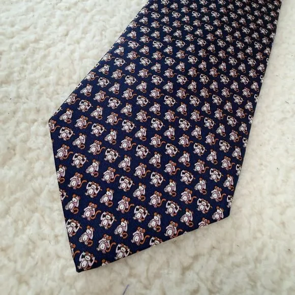Salvatore Ferragamo Tie Silk Necktie Monkey Hear No Evil Speak No Evil Italy