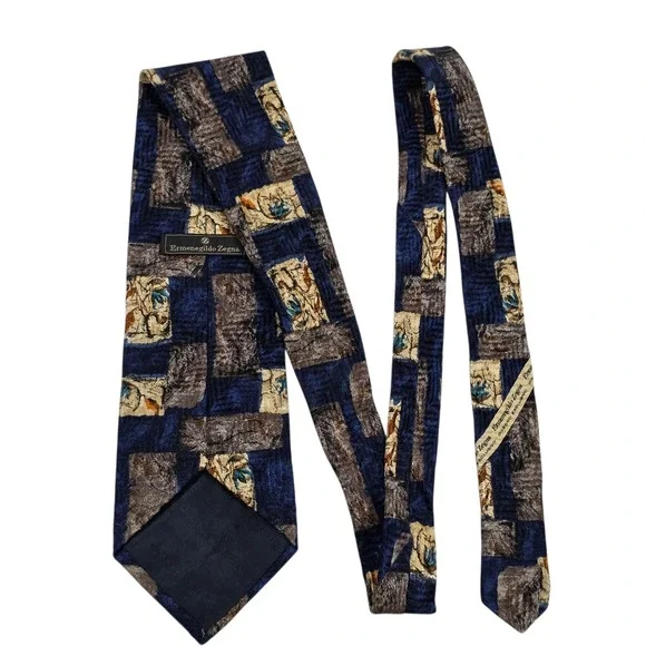 Ermenegildo Zegna Mens Tie Navy Blue Gray Silk‎ Floral Plaid Classic Designer