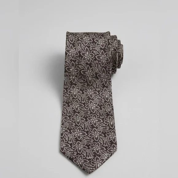Express Mens Necktie Brown White Floral Scroll Pattern Woven Silk‎ Blend Tie