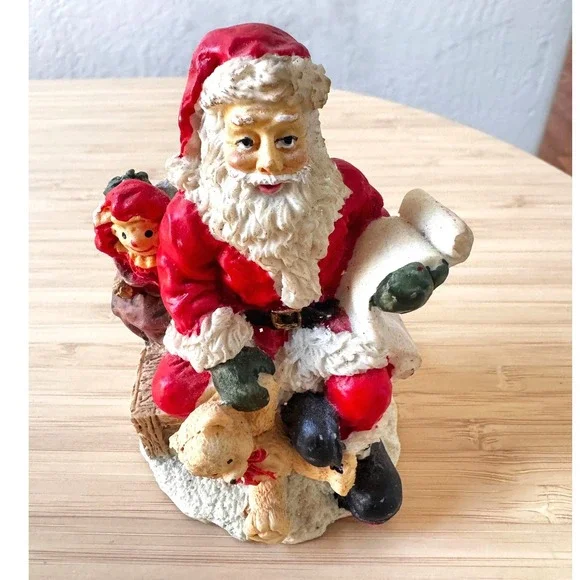 Vintage Hand Painted Santa Claus Figurine Toy Sack Scroll Christmas Decor 5