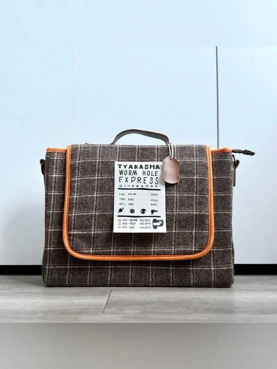 TYAKASHA Worm Hole Express Brown Plaid Tweed Satchel Laptop Bag