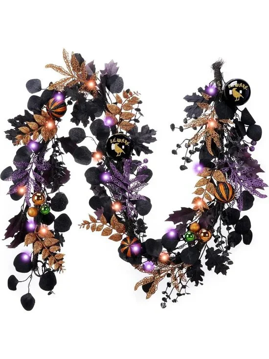 6ft Pre-Lit Halloween Garland with Jack-o'-Lanterns & Ball Decor for Mantel