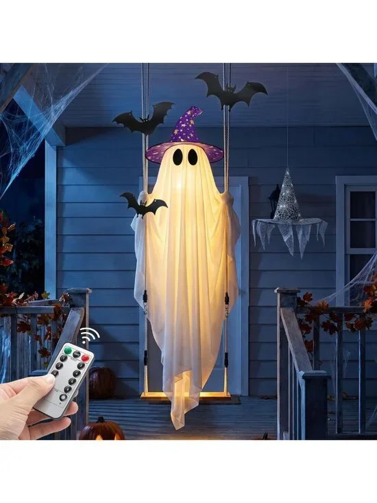 11 FT Light-Up Swinging Ghost Decor with Bat & Hat - Outdoor Halloween Yard