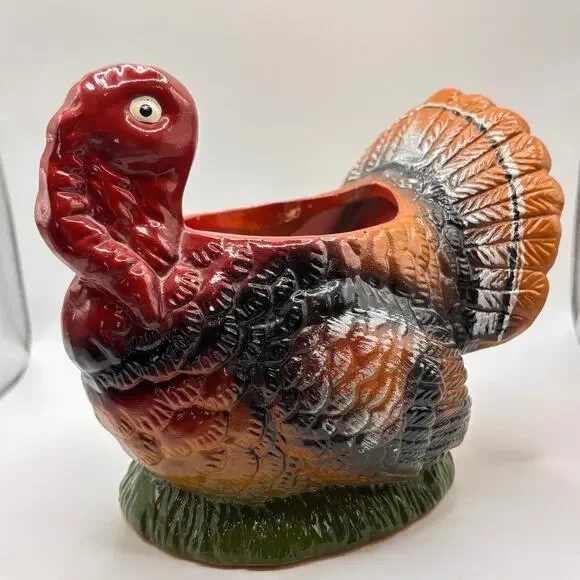Vintage Ceramic Turkey Planter Bowl Table Decor MCM Handpainted 5.5” Fall Autumn