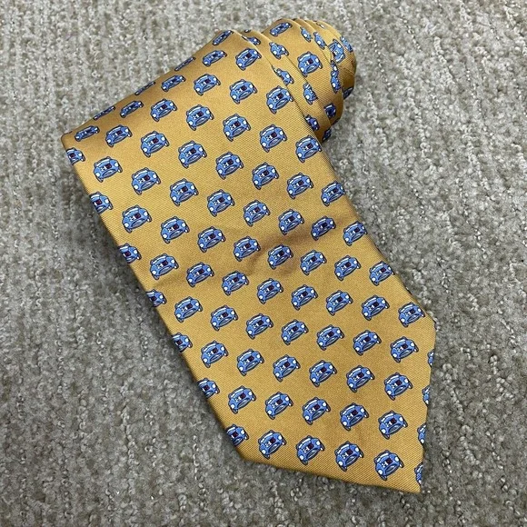Brooks Brothers Makers Necktie Gold Blue Car Motif All‎ Over Print 3.75