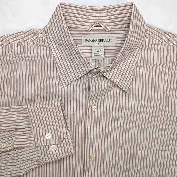 Banana Republic Vintage Mens Button Down Shirt XL 17-17.5‎ Beige Vertical Stripe
