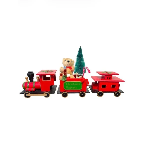Vintage Red Wooden Christmas Train Christmas Express Train Set Centerpiece