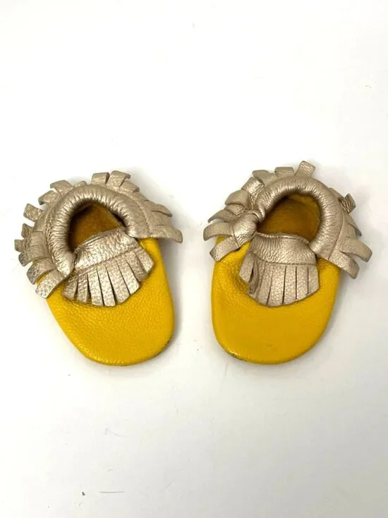 Leather Moccasins Yellow &‎ Metallic Fringe Unisex Baby Toddler