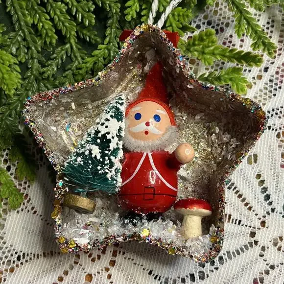 Vintage Star Tart Tin Santa Claus Diorama Mid Century Style Mushroom Ornament