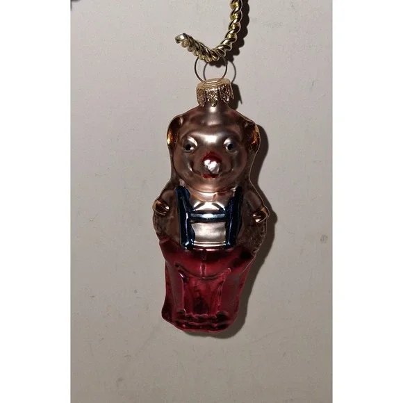 Vintage Germany Blown Glass Bear Christmas Ornament Red Pants 3.75