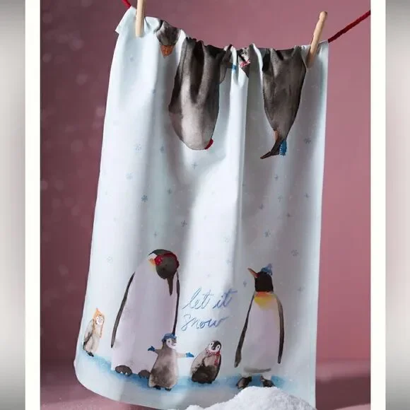 NWT ANTHROPOLOGIE Let It Snow Penguin Dish Towel Sky