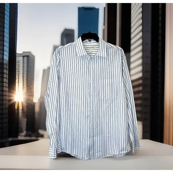 Banana Republic Shirt Men’s L 16-16.5 Button-Up Blue Striped Long Sleeves Cotton