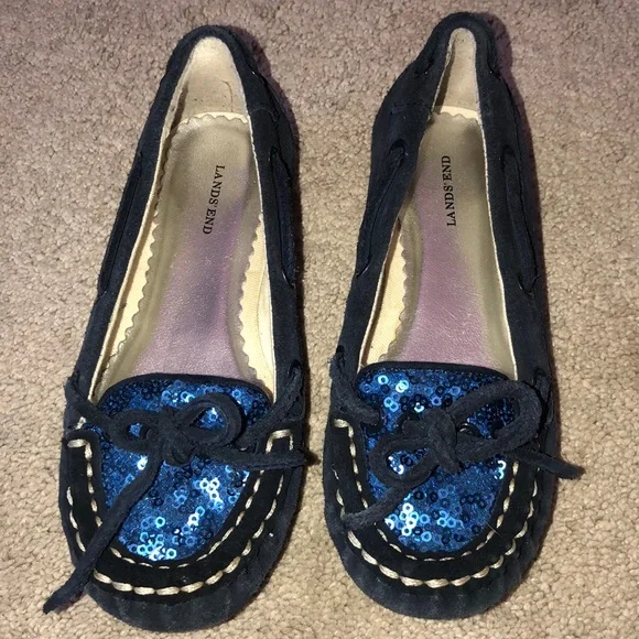Lands End Holiday Girls toddlers size 11 Sequins Suede Loafers Navy‎ Blue