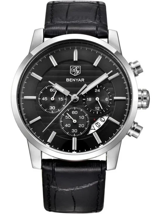 Men's Black Analog Quartz Leather Strap Chronograph Sport Waterproof Wrist Watch