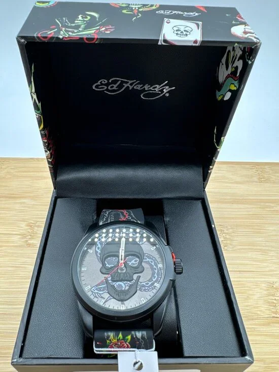 Ed Hardy Men's Skull Snake Watch Black Silicone Strap Analog Quartz