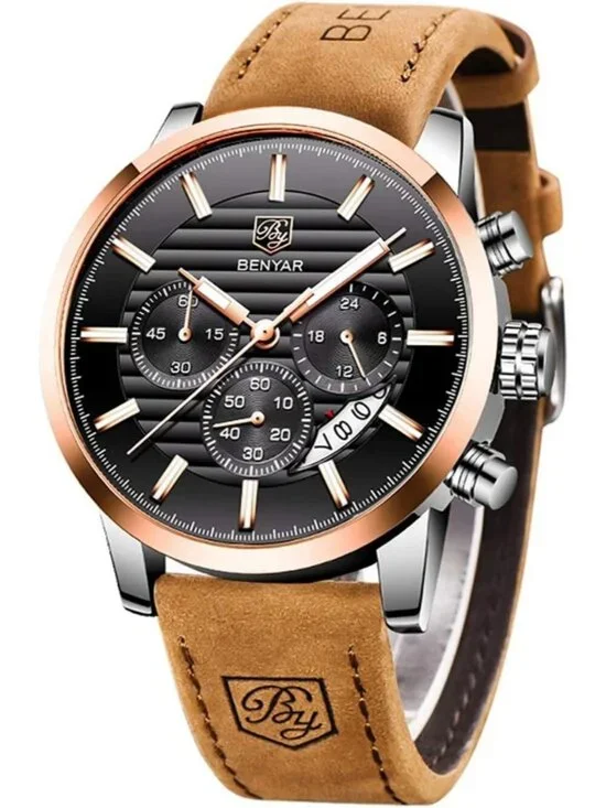 Men's Brown Gold Analog Quartz Leather Strap Chronograph Waterproof Wrist Watch