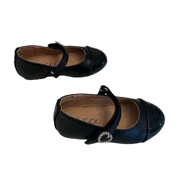 Girls Sugar Black Patent Leather Mary Jane Shoes Heart Buckle - Toddler Size‎ 6