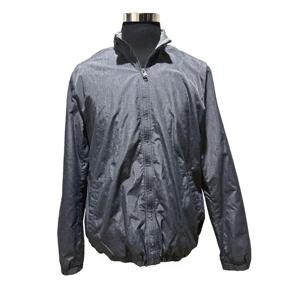 Banana Republic Mens M Packable Windbreaker Jacket Hidden Hood Full Zip Gray