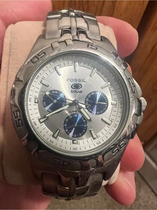 Fossil Silver Watch with Blue Subdials