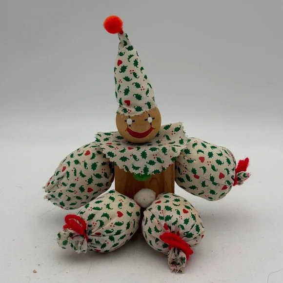 Vintage Wooden Block Christmas Clown Figurine Holly Heart Print Handmade Decor