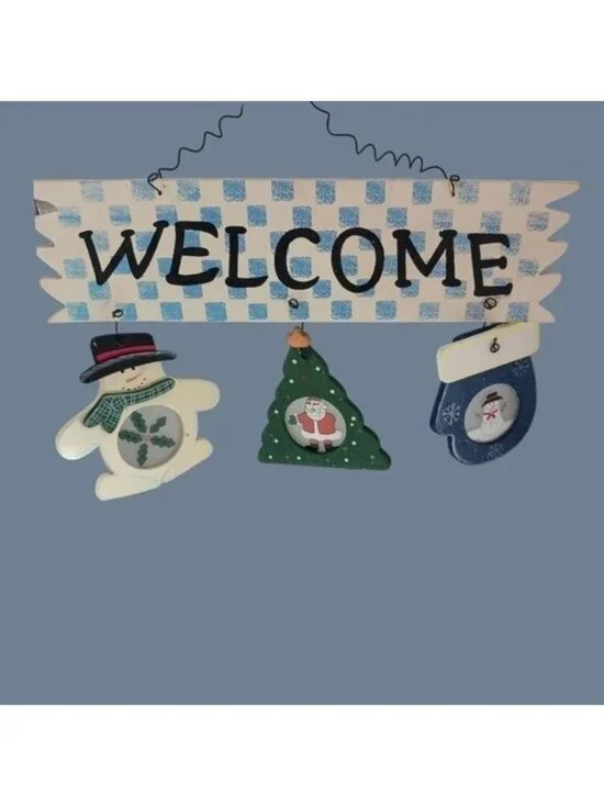 Christmas Welcome Wall Hanging w/Snowman Tree & Stocking  Holiday Décor