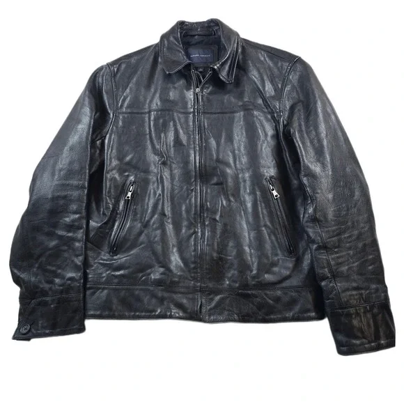 Vintage Banana Republic Leather Jacket Mens Large Black Heavy Thick Zip Classic