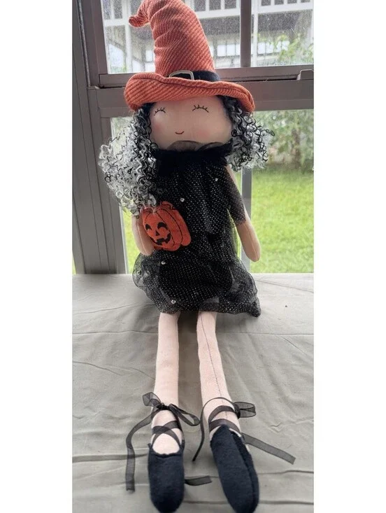 Halloween Shelf Sitter Plush Witch Doll Holding Pumpkin 16” By Magical Season