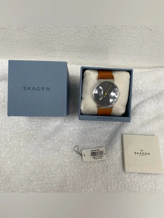 Skagen Men's Cognac Leather Ancher Gray Stainless Steel Adjustable Watch Classic