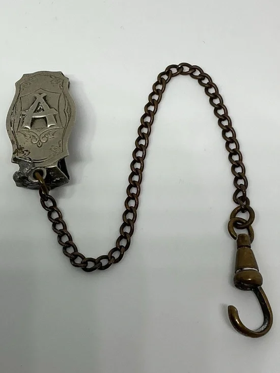 Antique Peerless Monogram “A” Watch Chain Fob Vest Clip Victorian Silver Tone