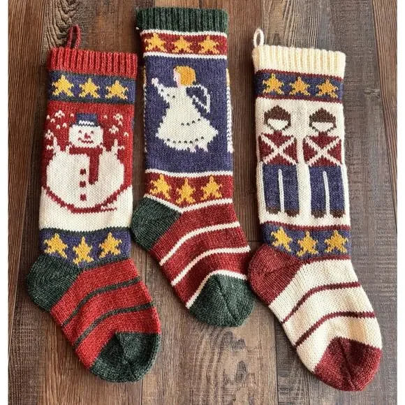 3 Vintage Hand Knit Heirloom Quality Wool Christmas Stockings Farmhouse 19