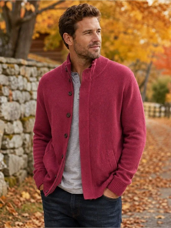 Banana Republic Men’s Berry Wool Blend Zip/Button Cardigan Sweater Preppy office