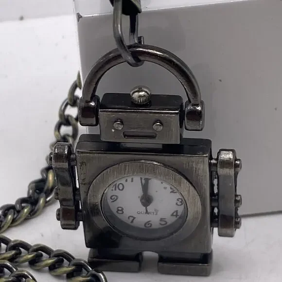 Robot Pocket Watch Silver With Chain Works New Battery