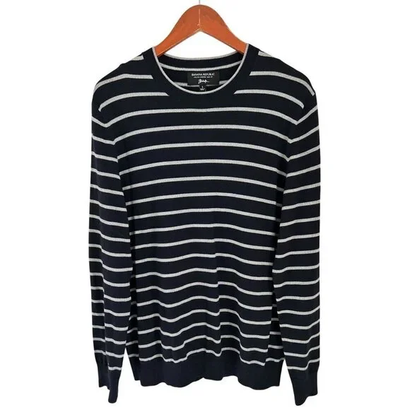 Banana Republic Baruffa Sweater Italian Merino Blue White Stripe - Large