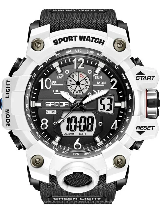 Men's Black And White Analog Waterproof Multi Function Tactics LED Digital Watch