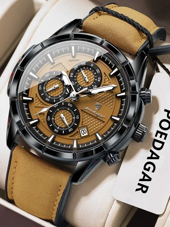 Luxury Sports Chronograph Quartz Watch Genuine Leather Strap Waterproof Watch