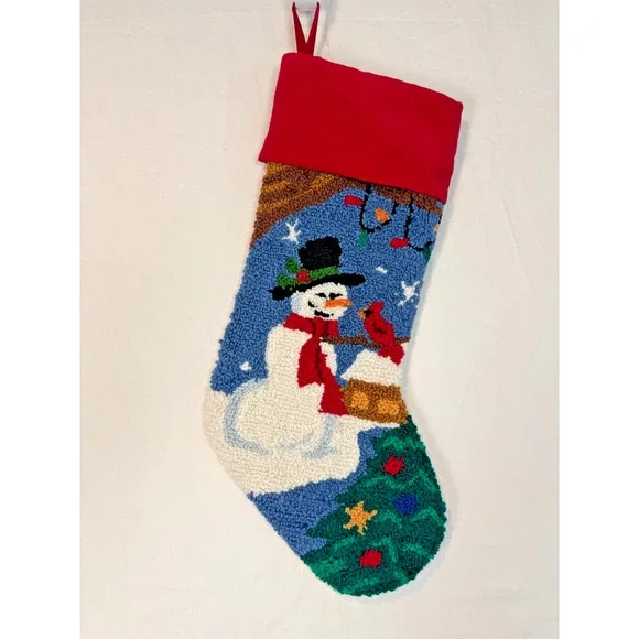 Vtg Christmas Stocking Wool‎ Needlepoint Snowman Cardinal Tree Lights