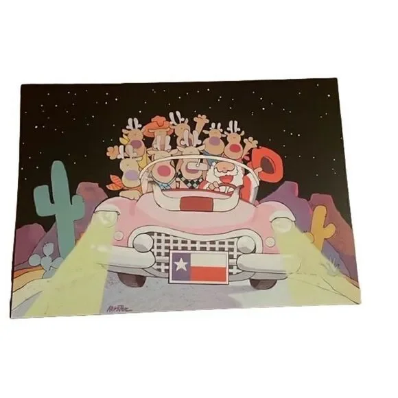 Vintage 1996 Texas Santa and Reindeer Texas Longhorn Cadillac Christmas Card