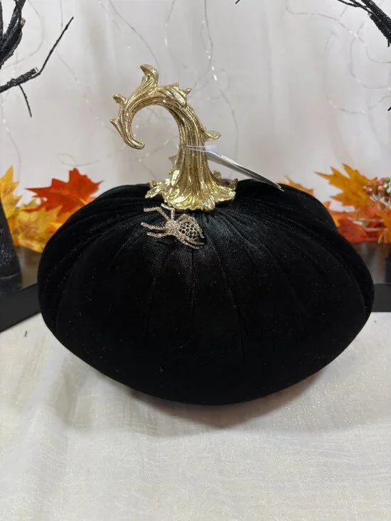 Halloween Elegant Black Velvet Gold Stem With Spider Brooch Pumpkin Decor New