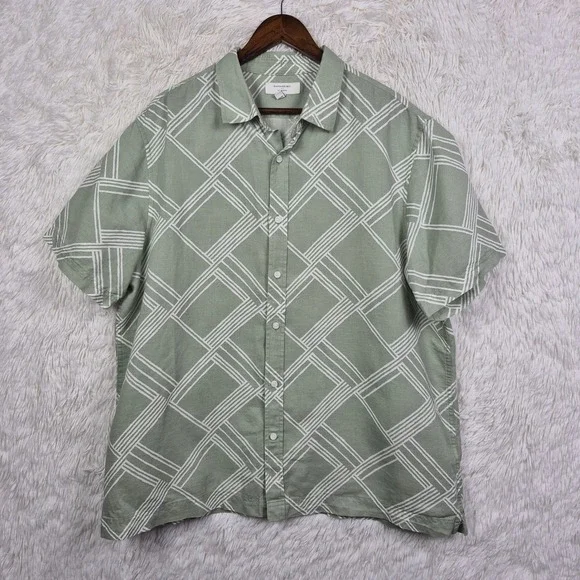 Banana Republic Mens XL Sage Green Geometric Linen Cotton Short Sleeve Shirt‎