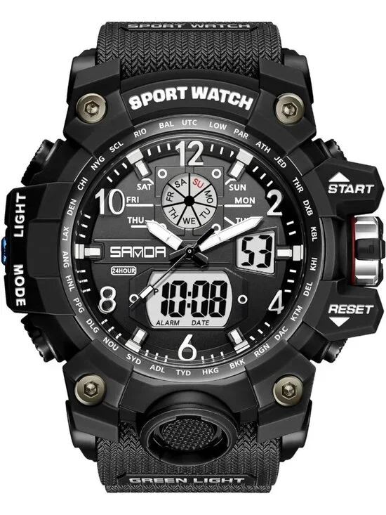 Men's All Black Analog Quartz Sports Waterproof Military LED Digital Wrist Watch